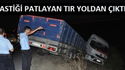 LASTİĞİ PATLAYAN TIR YOLDAN ÇIKTI!