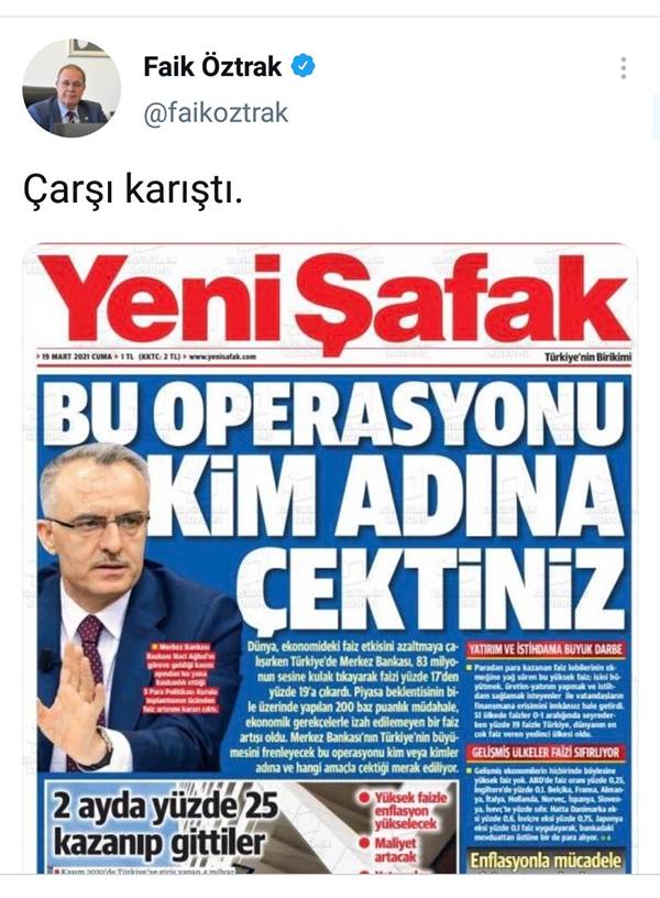 CHP Sözcüsü Öztrak Yeni Şafak'ın manşetini paylaştı