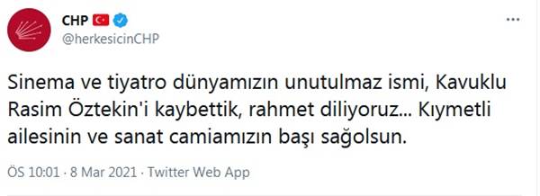 Cumhuriyet Halk Partisi'nin resmi Twitter hesabından Rasim Öztekin mesajı