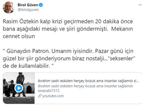 Rasim Öztekin'in vefat etmeden önce attığı son mesaj ortaya çıktı