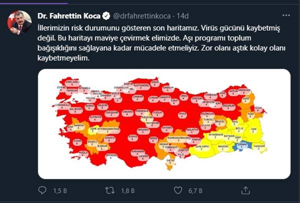 Sağlık Bakanı Koca illerin risk durumunu gösteren Kovid-19 haritasını paylaştı